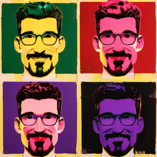 Prompt: 2x2 grid of portraits of (ohwx man), popart by Andy Warhol